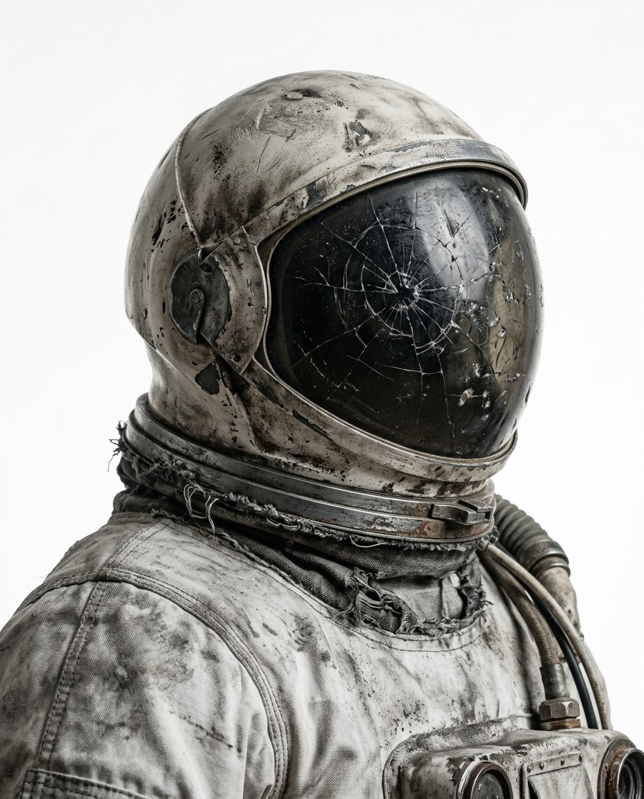 A worn, dirty astronaut with a cracked visor