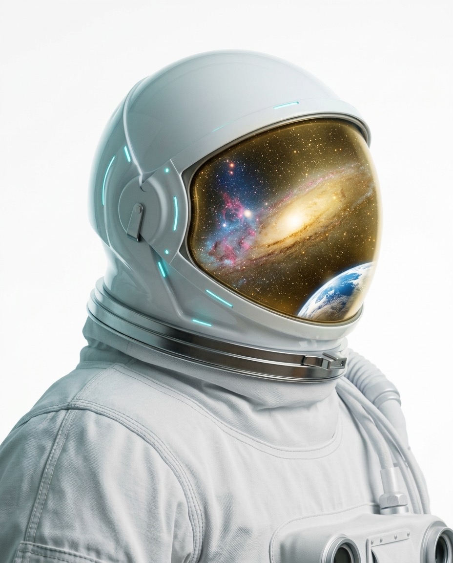 A pristine astronaut whose visor reflects a galaxy and the Earth